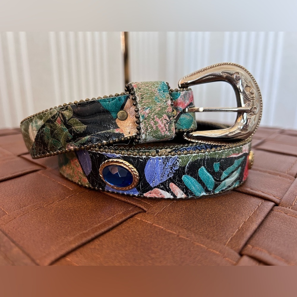 Elite Fresno California Belt Vintage Multicolor Gemstone Gold Beaded Edge Large